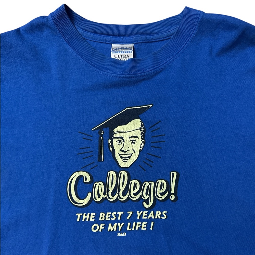 Y2K “College The Best 7 Years Of My Life” T-Shirt Men’s Humor Blue Tee Sz Medium